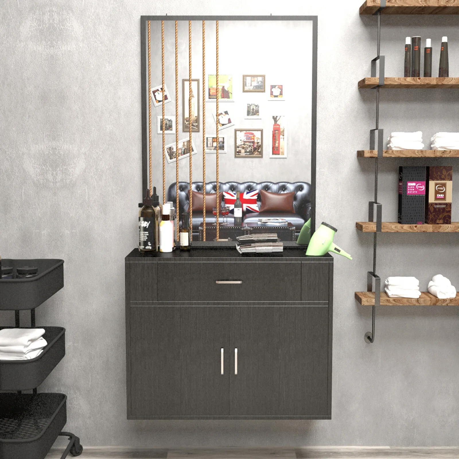 

Black Wall Mount Barber Salon Stylist Station Beauty w/Mirror+Drawer