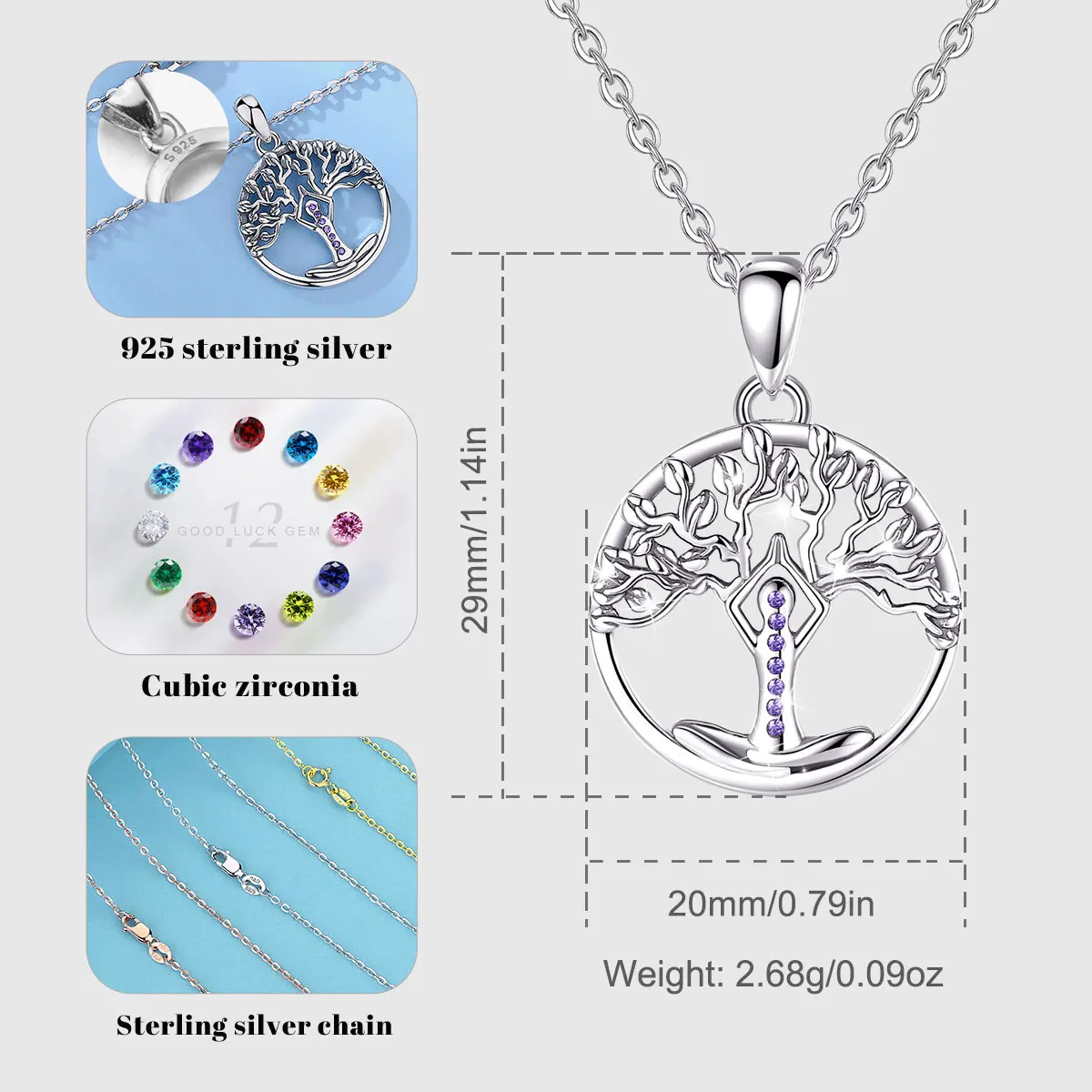 Eudora 925 Sterling Silver 7 Chakra Tree of Life Necklace Mandala Yoga Charm Amulet Pendant Fine Temperament Jewelry Party Gift