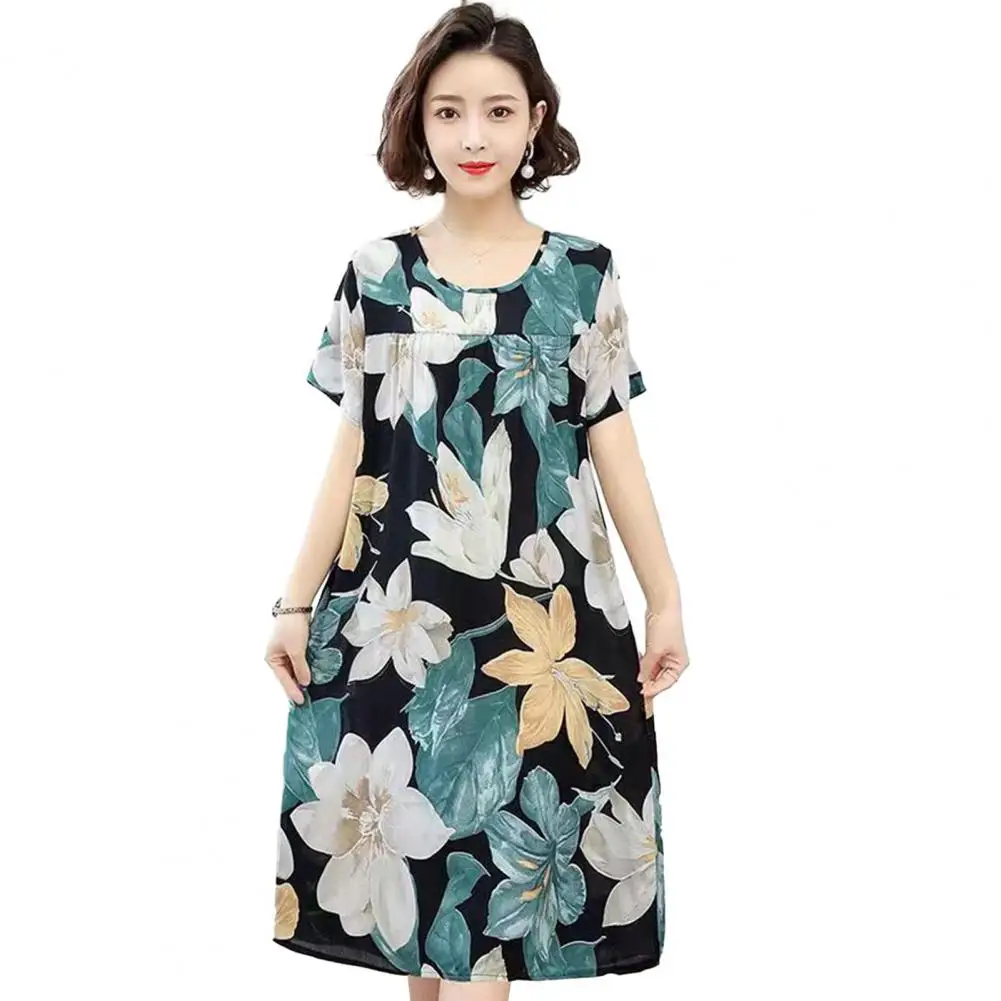 Printed Loose Dress Comfortable Home Dress Floral Print Women's Summer Nightdress with Round Neck Short Sleeves A-line Pleated