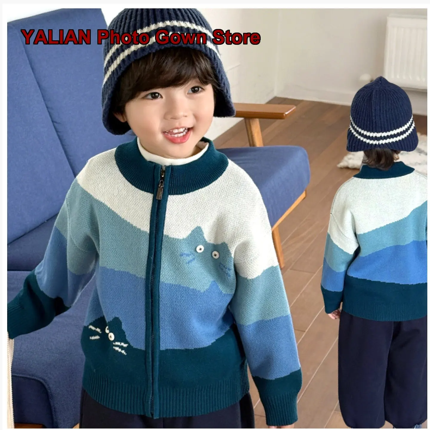 Boys Cardigan Kids Autumn Winter Cotton Zip Up Cartoon Print Letter Embroidered Button Front Newborn