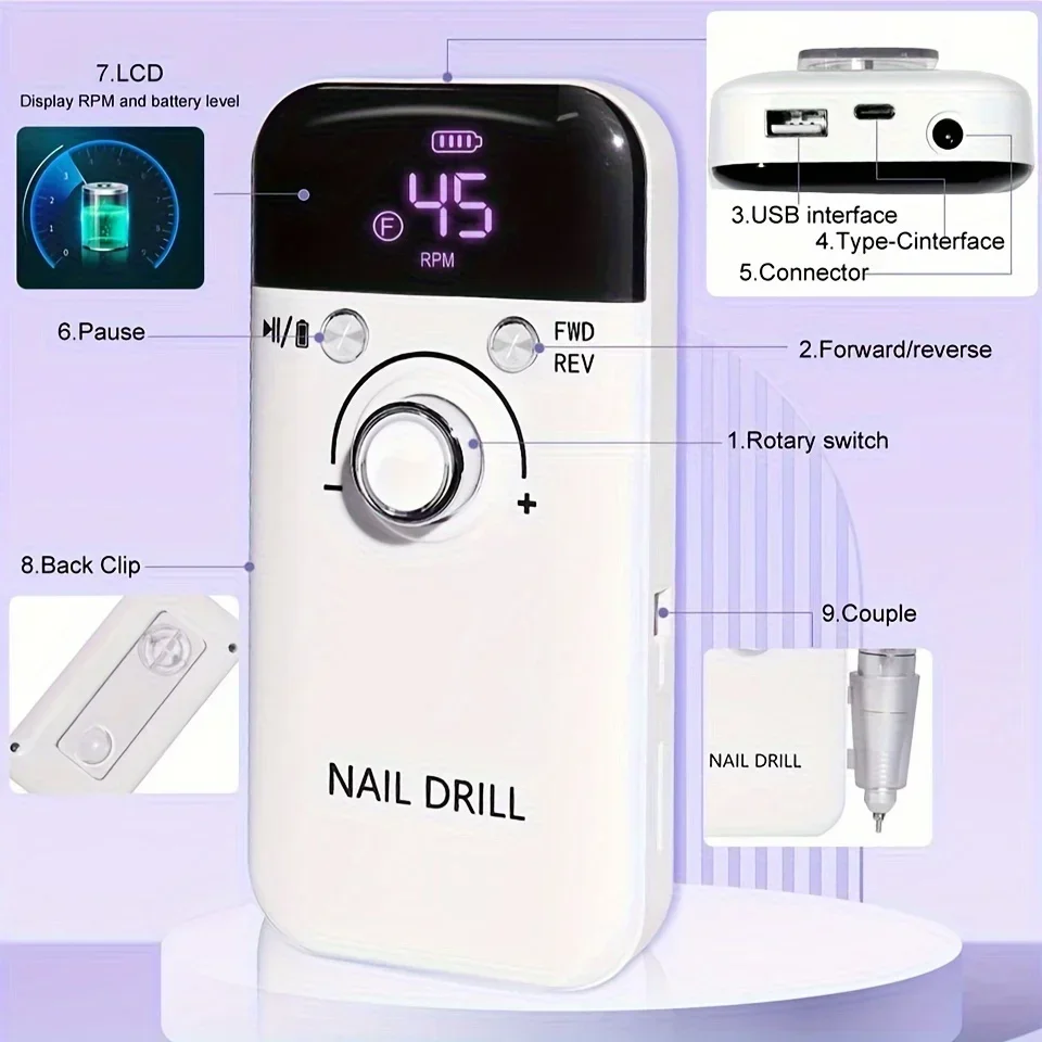 Professional Electric Nail Drill Machine 45000RPM Nail Drills with Low Noise Nail Sander Portable Nail File for Home Salon