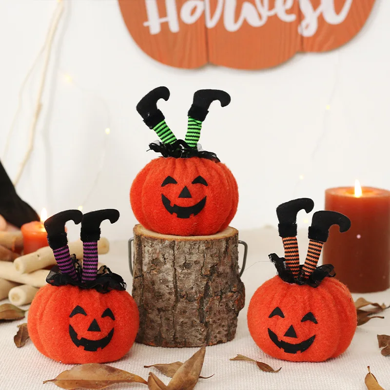 

3pcs Halloween Witches Leg With Pumpkin Plush Figurines Decorations Ornament Fabric Figure Statue Desktop Decors Party