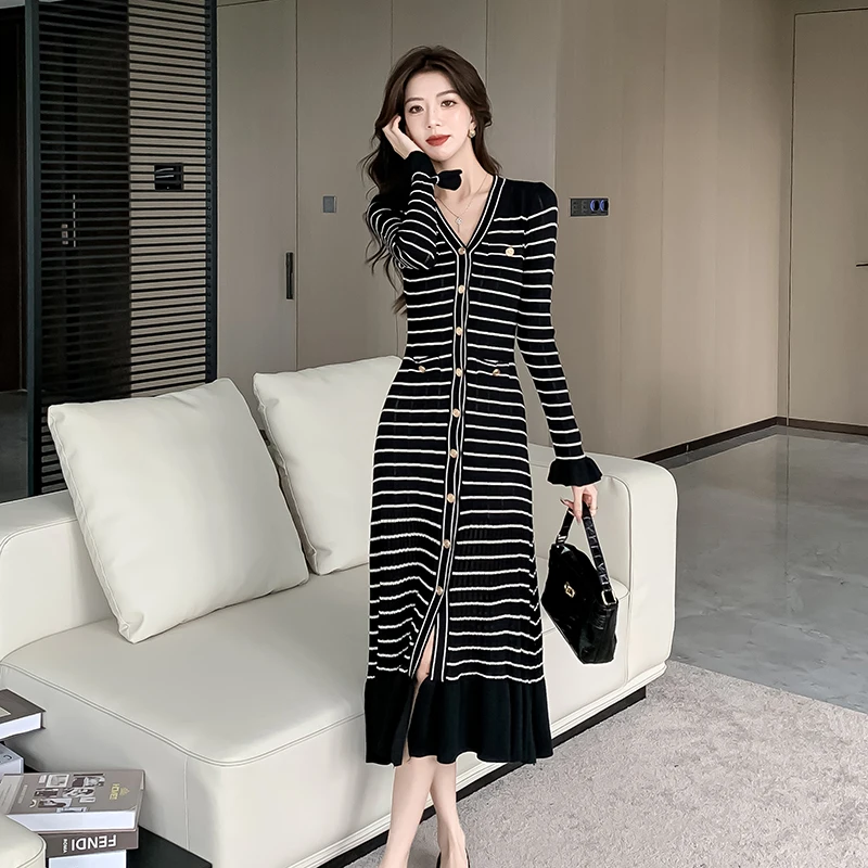 Elegant Women V Neck Single Breasted Sweater Knitting Long Dress French Autumn Winter Striped Hollow Out Slim Mermaid Vestidos