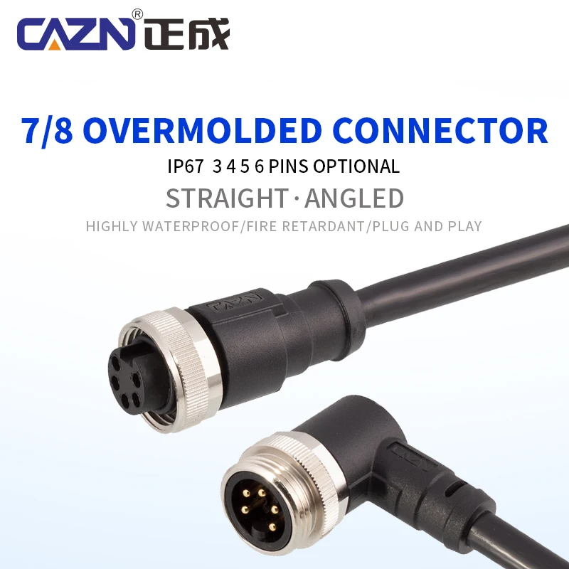 7/8 Unshielded Overmolded Plug Male Female 3 4 5 6 Pin Straight Angled 1/2/5m PVC IP67 for Industrial Automation & Machinery