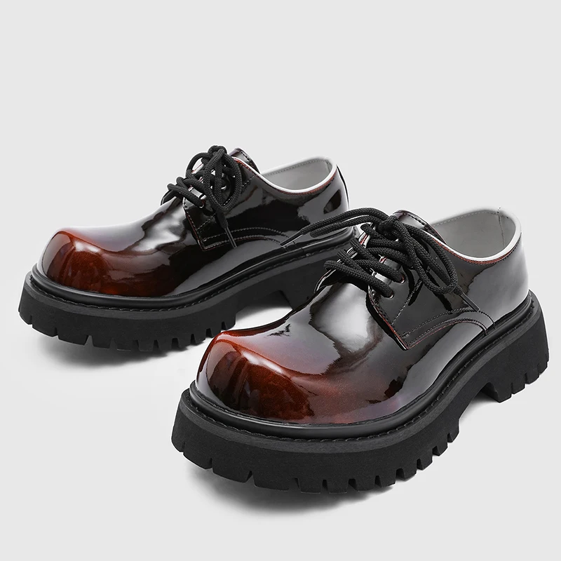 Light Luxury Gradient Patent Leather Glossy Men Derby Shoes with Gear Soles Retro Youth Height Increasing Couple's Casual Single