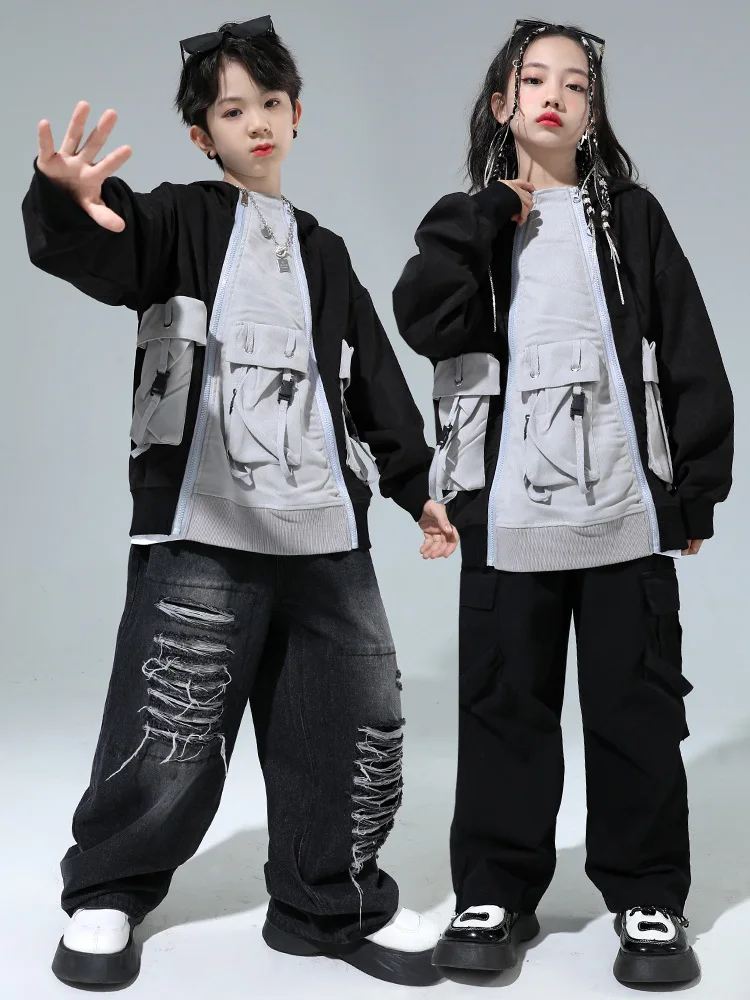 Girl Boy Hip Hop Clothing Color Block Hoodie Sweatshirt Black Casual Cargo Ripped Jeans Pants for Kid Jazz Dance Costume Clothes