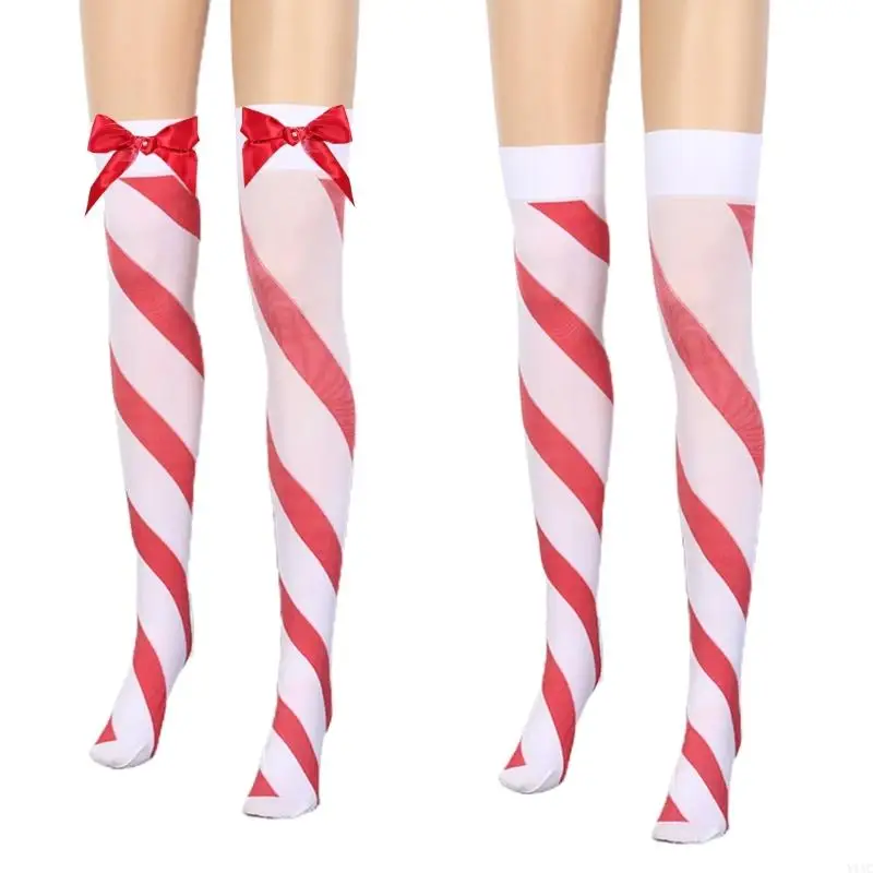 Y1AC Women Christmas Holiday Thigh High Long Socks Bowknot Striped Stockings