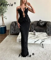 Special Design Black 3D Lace Leaves Evening Dresses Sparkly Beads Floor Length See Through Long Cocktail Party Dress Couture