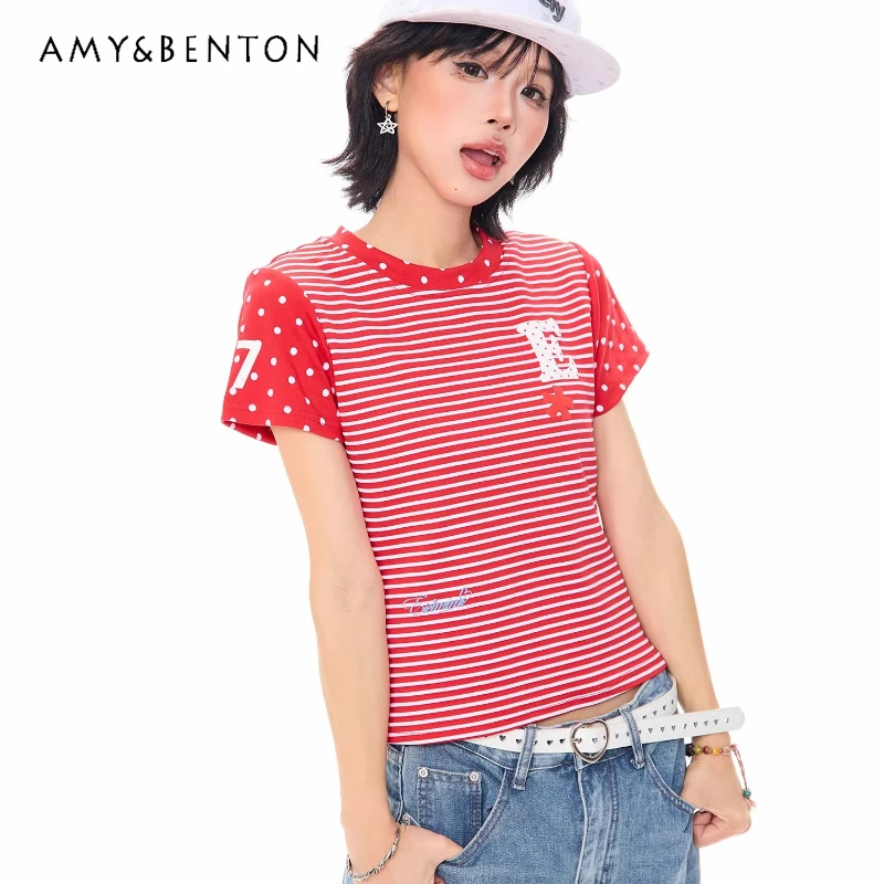 

Японский дизайн, женская футболка с коротким рукавом в полоску и горошек, летняя новинка 2026, милая, стильная, универсальная, для женщин