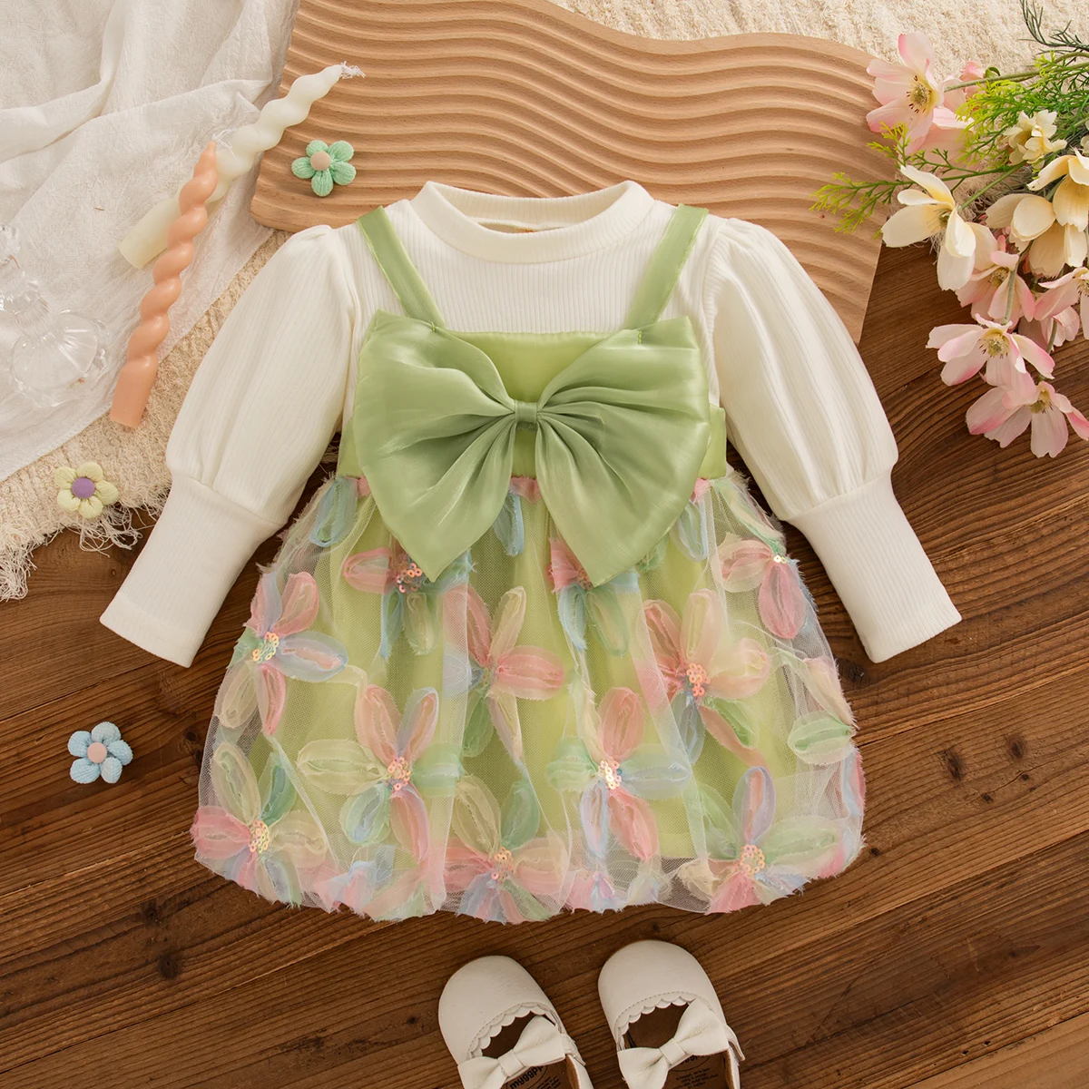 Autumn Toddler Long Sleeved Floral Princess Fairy Dress Korean Style Baby Girl Sweet Big Bow Birthday Party Gift Tutu Dress
