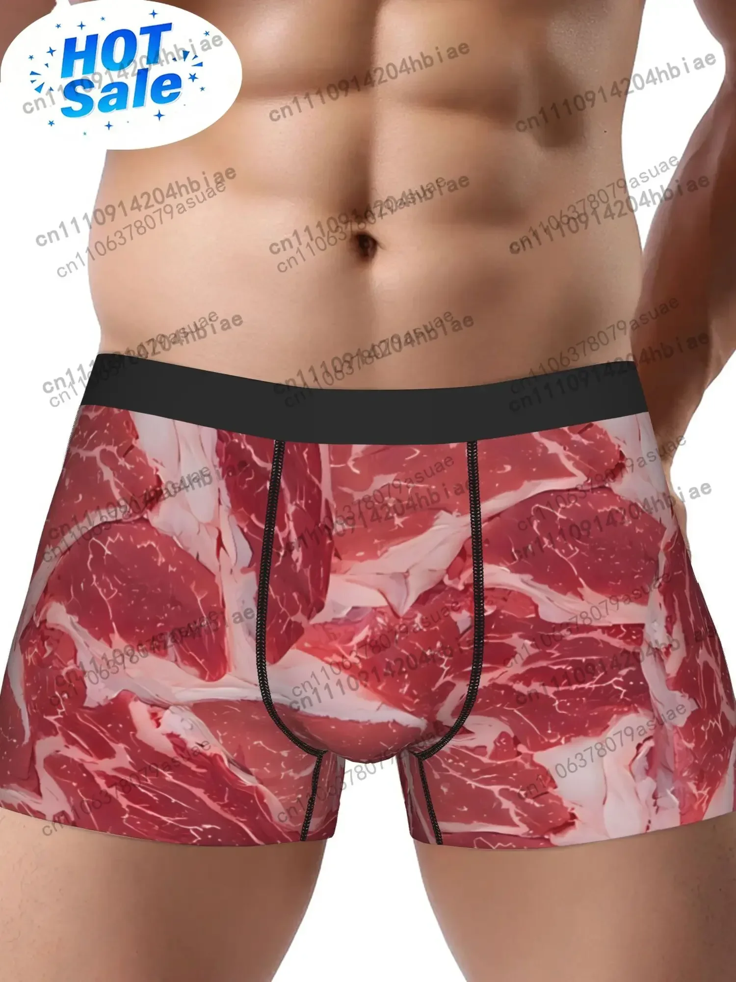 Calzoncillos de poliéster con estampado de carne novedoso, diseño realista de filete, comodidad de elasticidad media y tela no transparente, color negro.