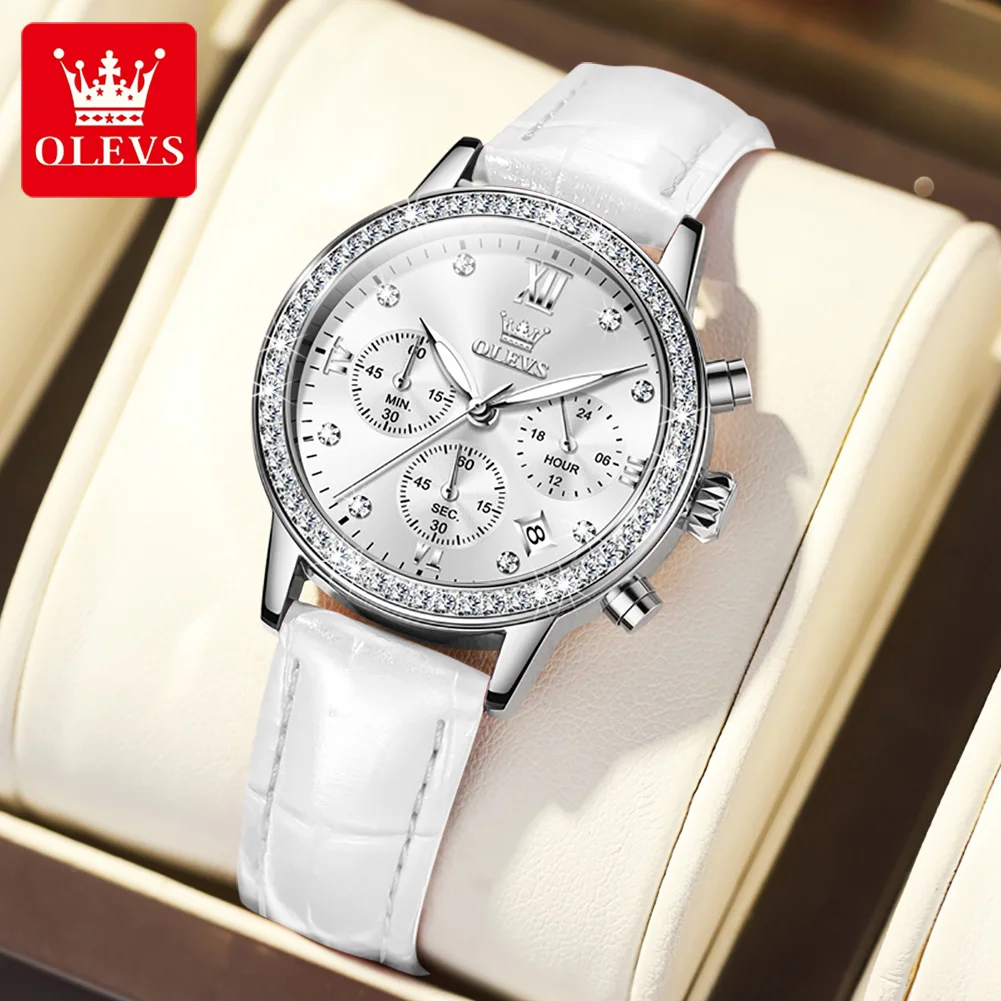 

OLEVS Top Brand Women Elegant Quartz Watch Fashion Sparkle Diamond Dial Leather Strap Wristwatch Waterproof Luminous Hands Reloj