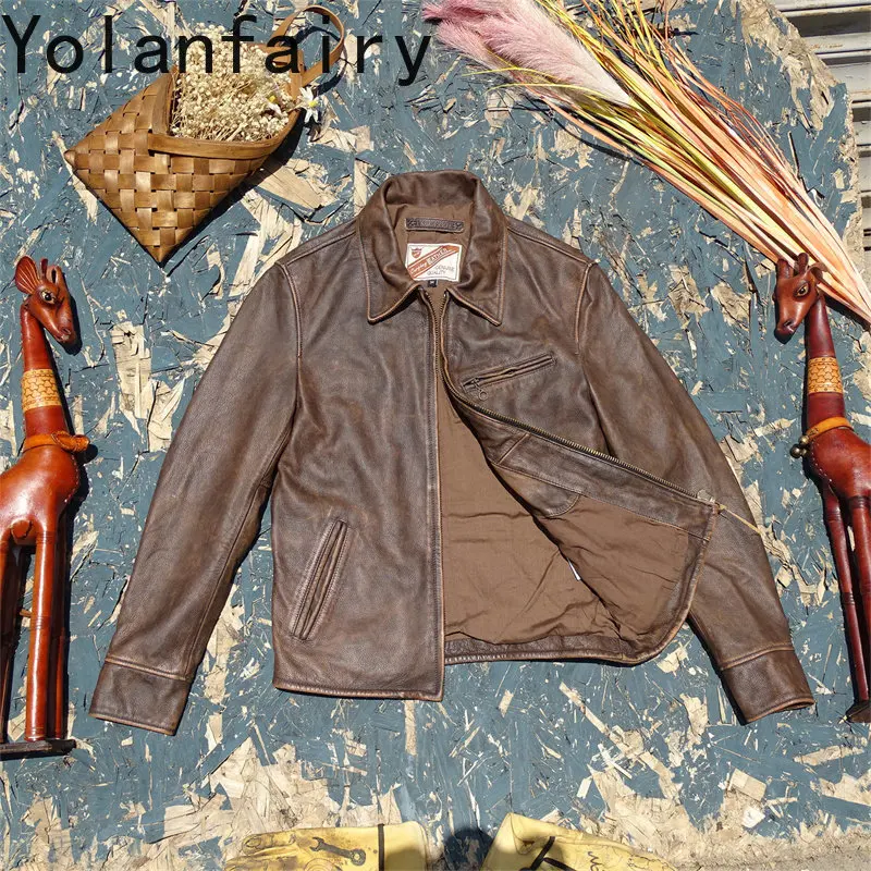 YOLANFAIRY 100% Real Leather High Quality Pure Leather Coat Top Layer Cowhide Genuine Leather Jacket Men  Spring Autumn Vintage