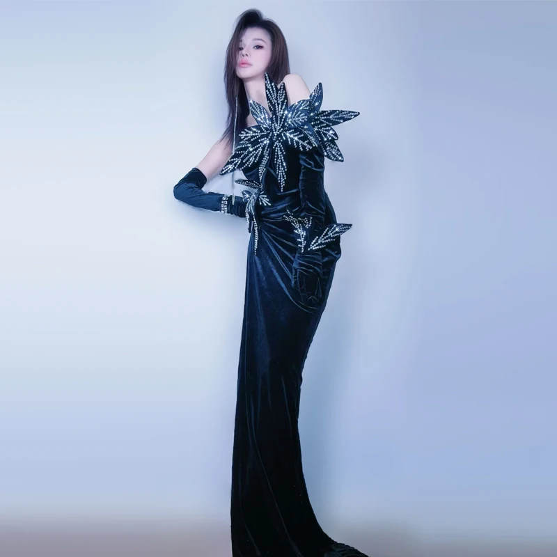 أسود المخملية الراين مساء الزي مرحلة الجاز ملابس رقص المرأة مرحلة المنصة احتفال فستان المرحلة ملابس الحفلات XS9785