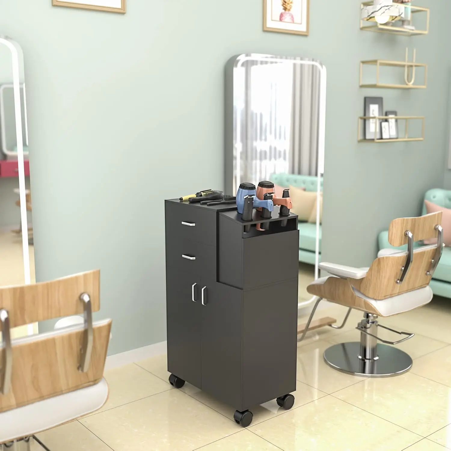 Salon Trolley Cart with Wheels, 2 Drawer Salon Rolling Cart w/5 Hair Dryer Holders & 1 Large Cabinet, Hair Cart Barber Equipment