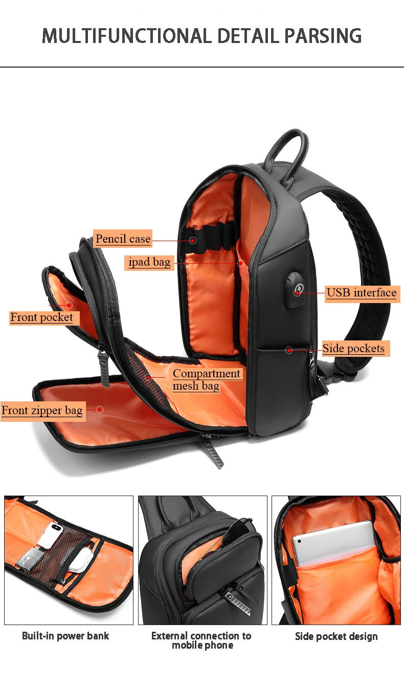 SWISS Men\'s Multifunctional Waterproof Chest Bag Fashion Shoulder Bag Sports Crossbody Bag Nylon Handbags Usb Bag Sling Pack