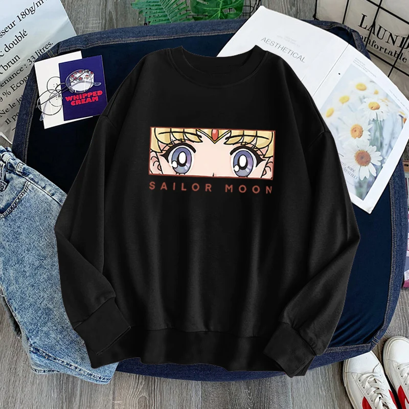 Sweat à capuche à manches longues et col ras du cou pour femme, vêtement mignon et décontracté avec dessin animé, marin et lune, Kawaii, automne