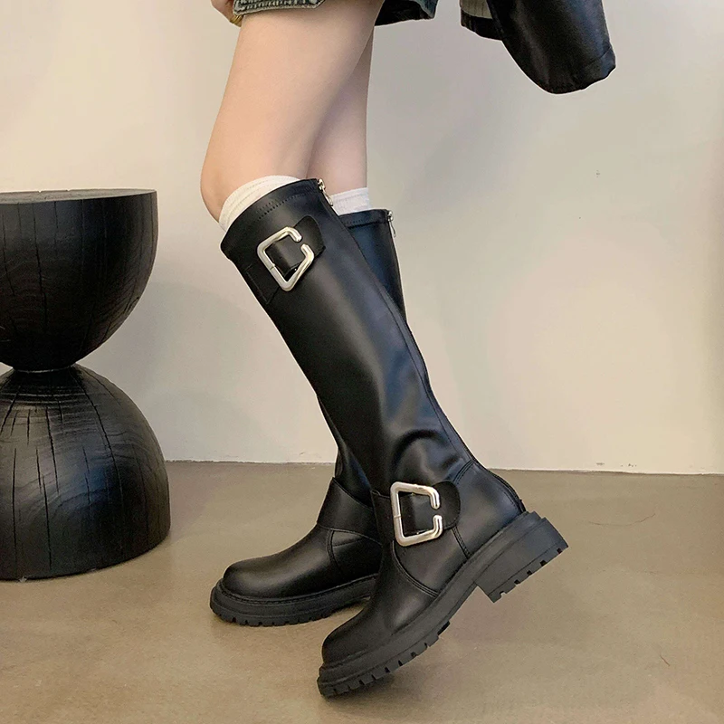 

Woman Boots Knee High Platform Elegant Low Heels Trend Punk Gothic New Rock Leather Fashion Women's Shoes Motorcycle Footwear