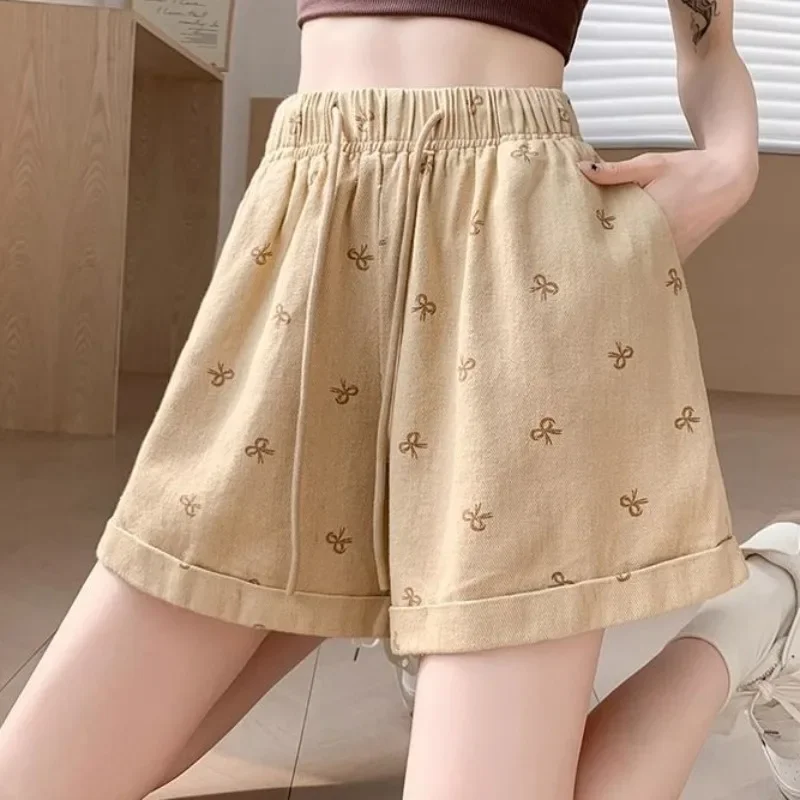 Elastic Waist Women's Shorts Pink Wide Female Short Pants High Cotton Korean Style Aesthetic 2000s Clothes Y2k Harajuku XL Comfy