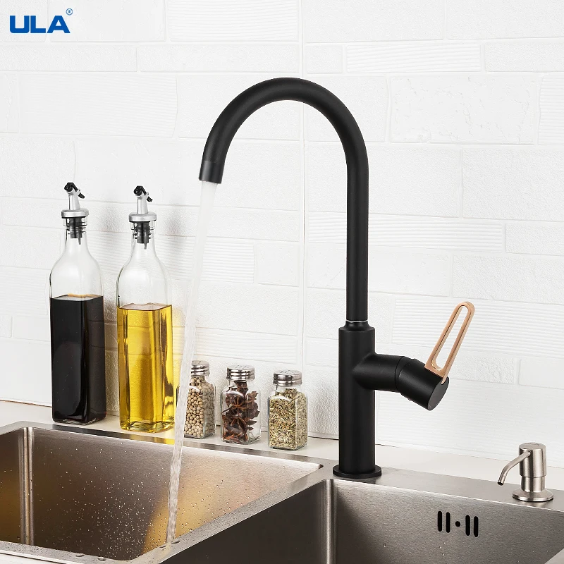 

ULA Black Kitchen Faucet Brass Kitchen Sink Faucets Hot Cold Water Sink Mixer Taps 360 Rotation Crane Single Hole Tap