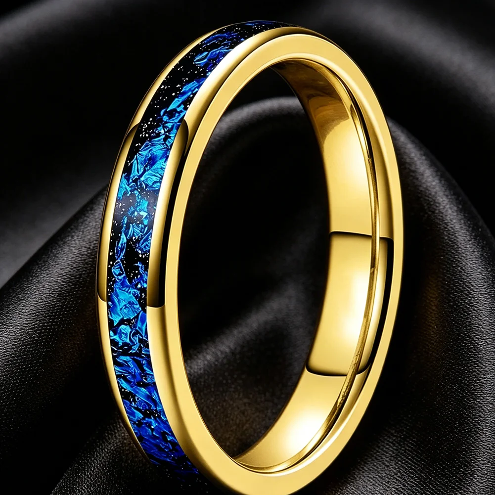 4mm Wolframcarbid-Eheringe mit blauer Folien-Einlage für Männer und Frauen, trendiger Verlobungsschmuck, poliert, glänzend, bequeme Passform – Detail 2