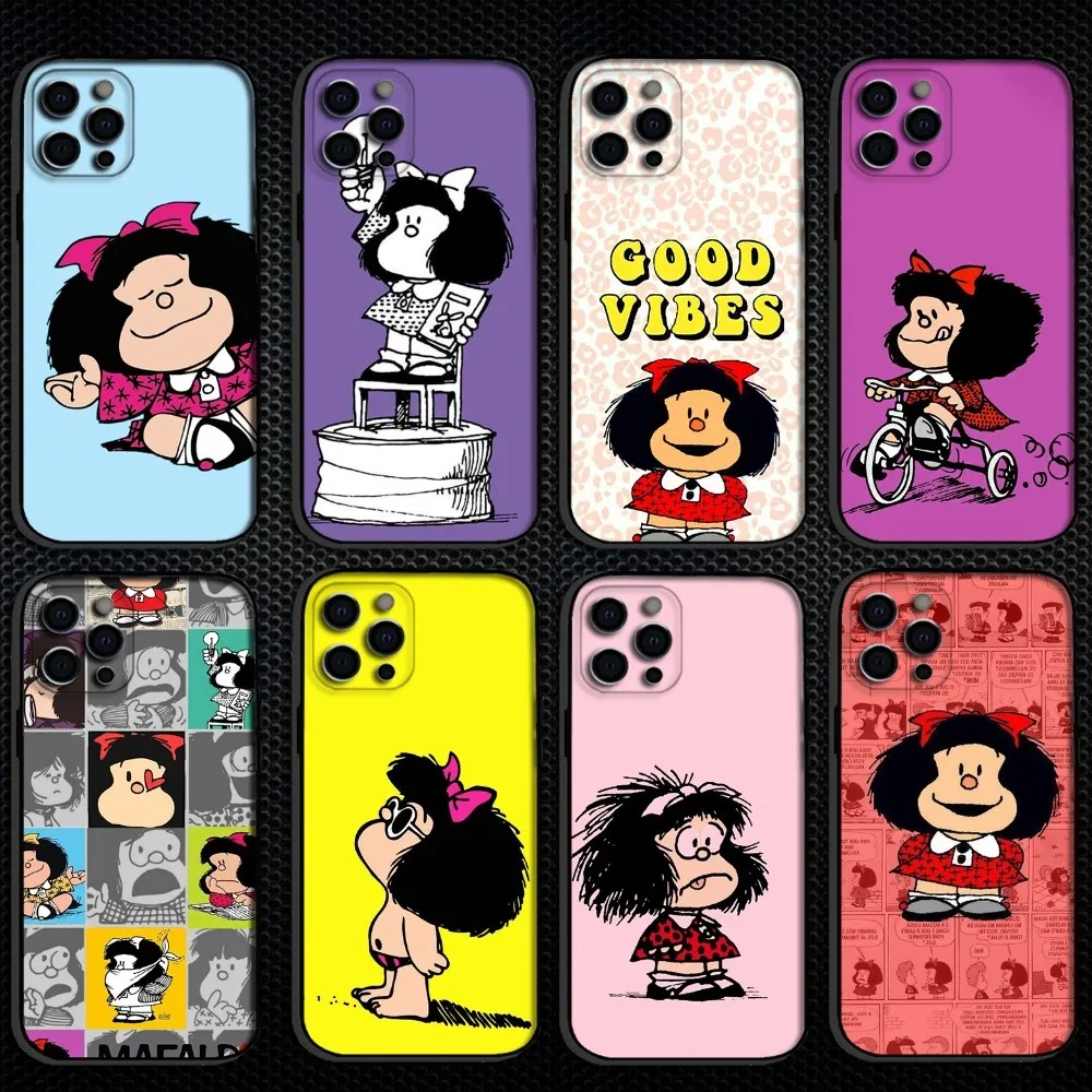

Mafalda Cartoon Phone Case For iPhone 16,15,14,13,12,11 Plus,Pro Max, Soft Silicone Black Cover