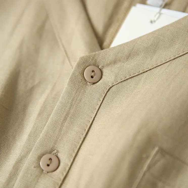 Summer Slimming V-Ne Midi Dr Faionable Thin Cotton Linen Blend Waist-Cinching ort Sve Retro Skirt Commute Sle