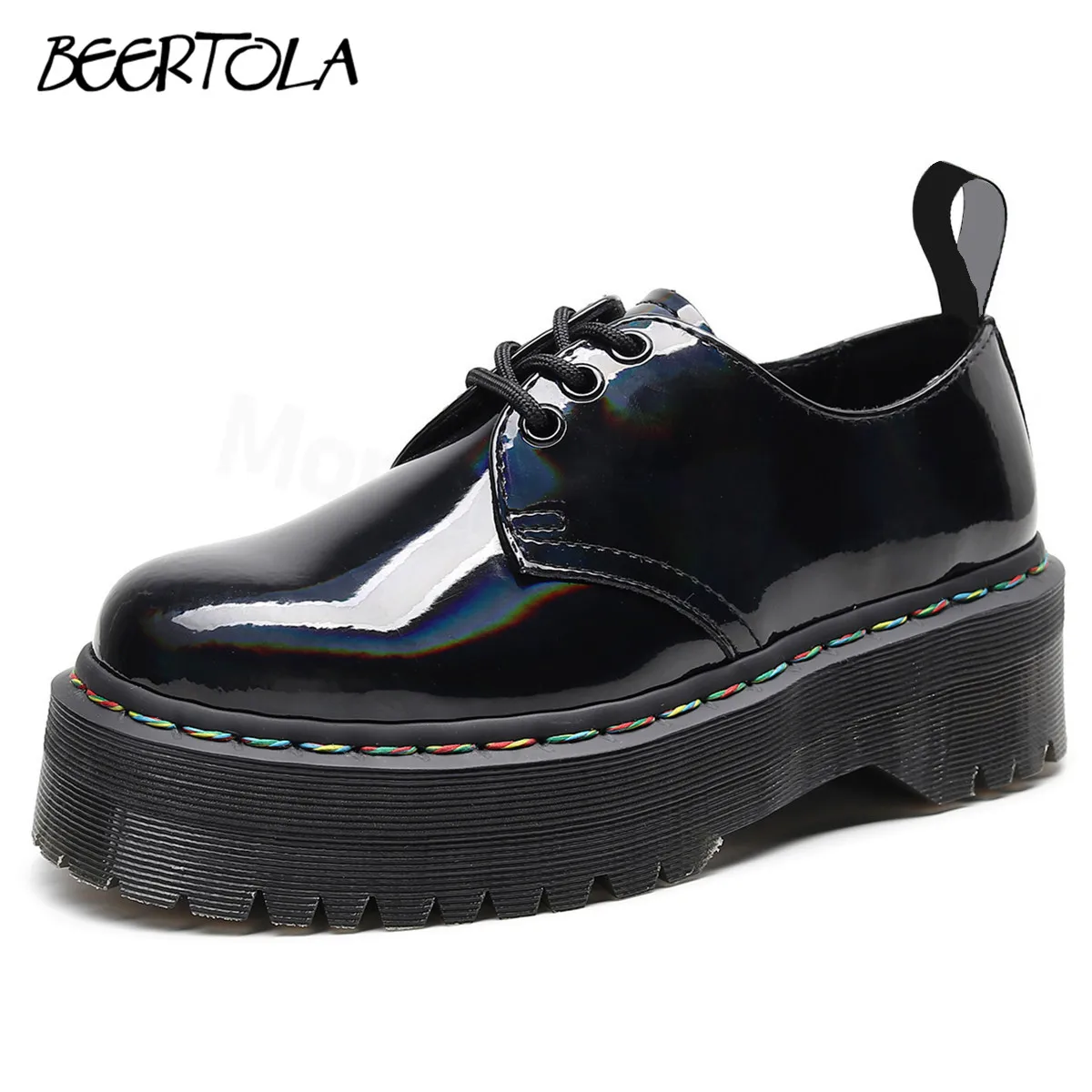 

Women's Patent Leather Laser Thick-Soled Shoes Colorful Thread Lace-Up Pumps Leather Fashionable Casual Large Size Women's Shoes