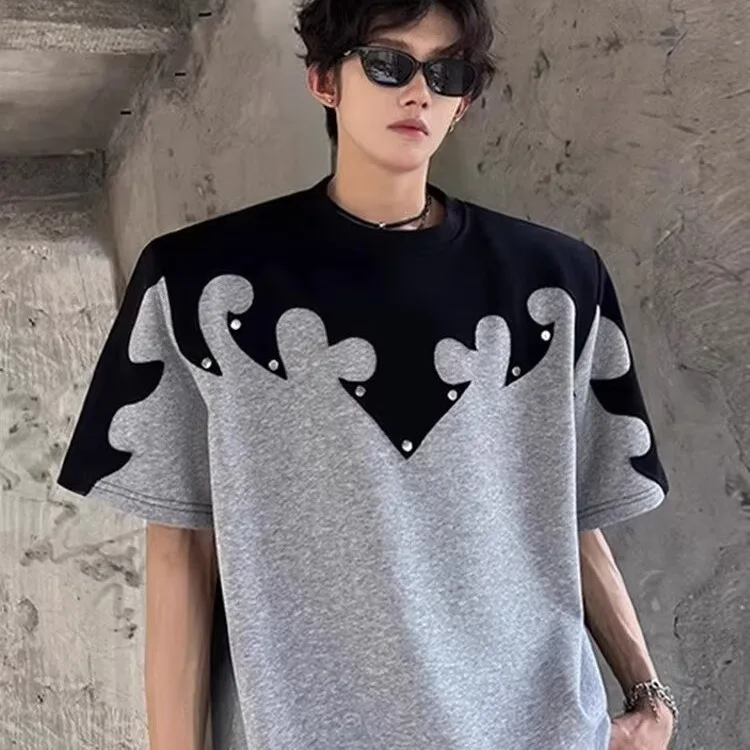 American High Street Short Sleeve T-Shirt Men's Summer Trendy Brand Black Grey Color Block Design Shoulder Padded 3D Splicing