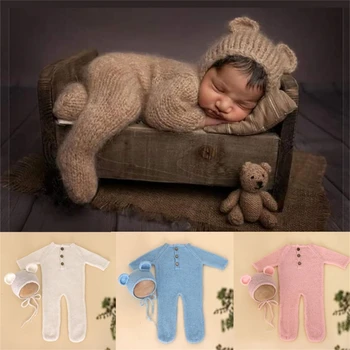 Traje de bebé recién nacido, accesorios de fotografía, peleles de oso de punto mohair, mono con pies, sombrero, accesorios de ropa de fotografía, 2 piezas por juego
