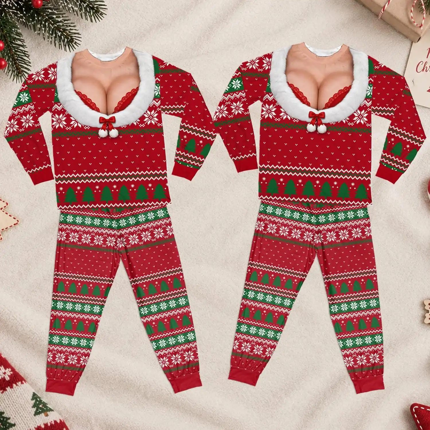 Couples Matching Christmas Sweatshirt Pants Funny Fake Santa Collar Red Holiday Sleepwear, Matching Couples Xmas Gift Loungewear
