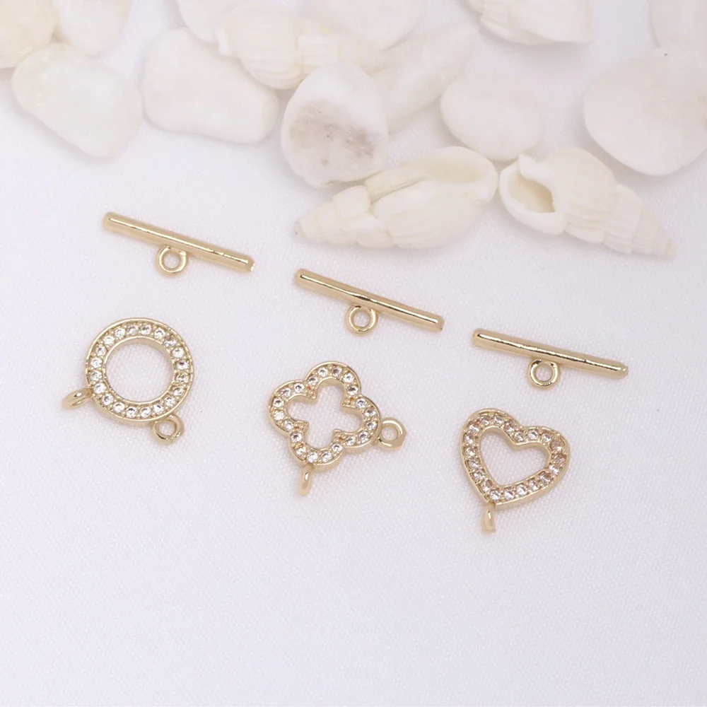 

3 Sets Brass Gold Plated Circle/Heart OT Toggle Clasps Cubic Zircon OT Buckle Connector For Diy Necklace Bracelet Jewelry Making