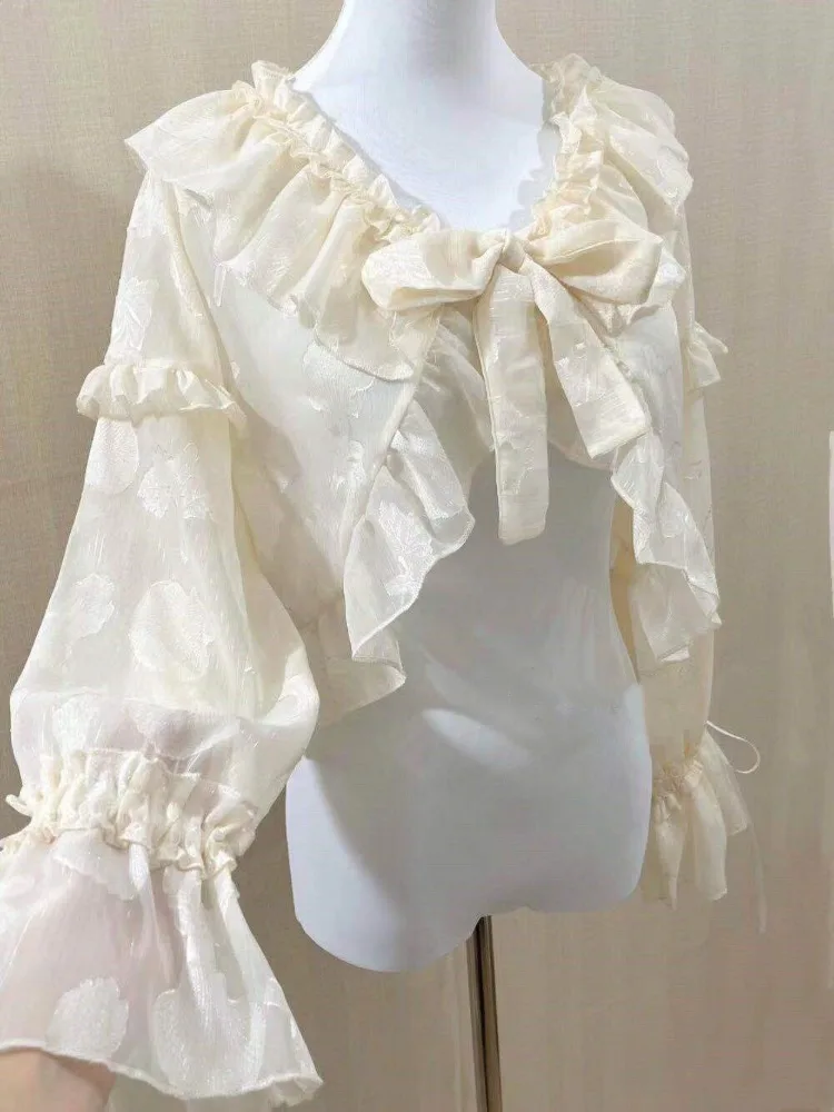 Fashion V-neck Ruffles Lace Up Chiffon Cardigans 2024 New Lolita Blouses Y2k Bow Lantern Sleeve Sun Protection Coat Shirts