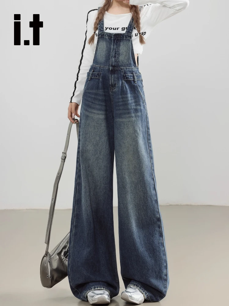 

American Retro Blue Wide Leg Denim Overalls Women's Versatile Straight Cut Jumpsuit High Waist with kets Loose Fit Jeans