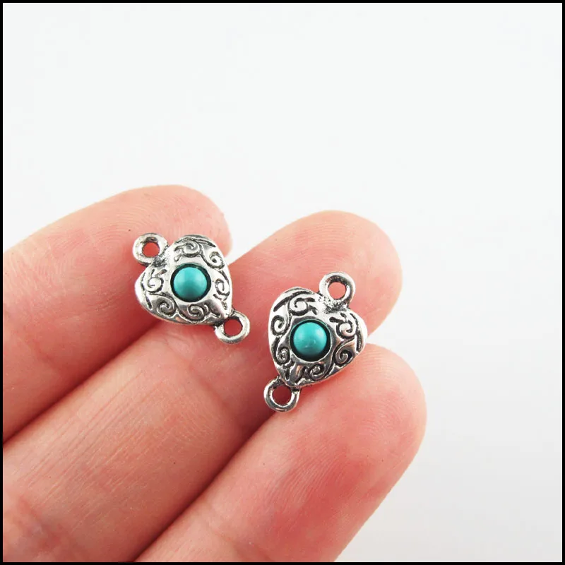 Fashion New Turquoise Stone Connectors Charms Flower Heart Tibetan Silver Plated Pendants Retro HCJBAB