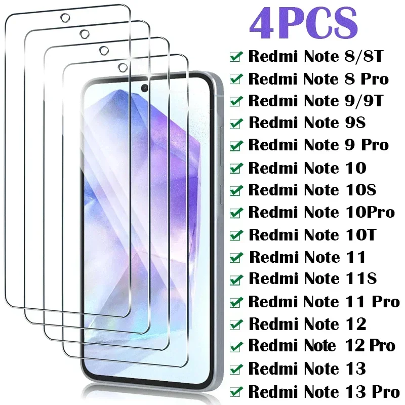 

4Pcs Tempered Glass for Xiaomi Redmi Note 13 12 11 Pro 10S 11S Screen Protector for Redmi Note 8 9 Pro 8T 9T 9S Protective Glass