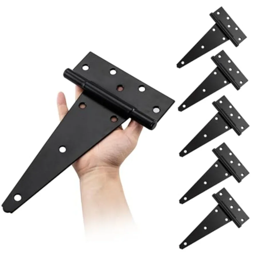 

10 Inch T-Strap Heavy Duty Shed Door Hinges - Black, for Outdoor Barns and Wooden Fences, 6 Pack with Screws