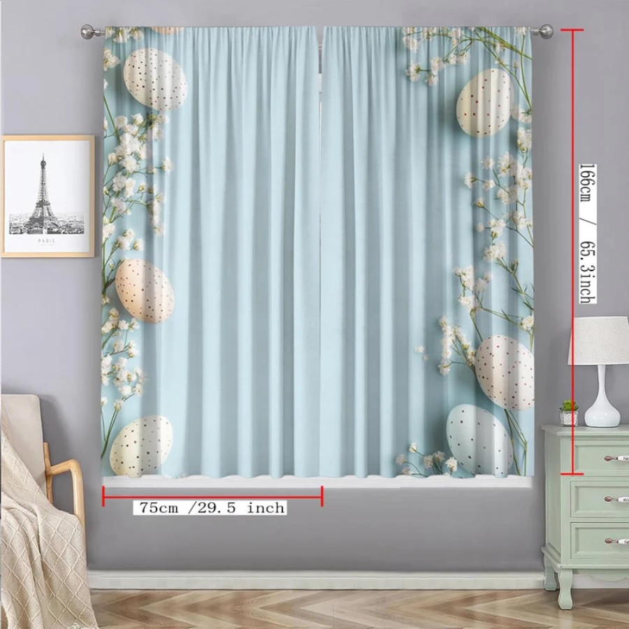 2PCS Digital Print Curtains, Baby's Breath Easter Eggs, Delicate Floral Spring Decor Cute Pastel Egg Holiday Bedroom Drapes