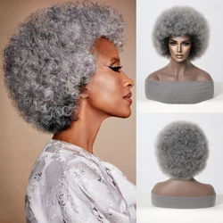 Szaro-kręcone peruki Afro krótkie perwersyjne kręcone puszyste peruki syntetyczne dla czarnych kobiet na imprezę Cosplay peruki Afro dymne Grey odporne na ciepło