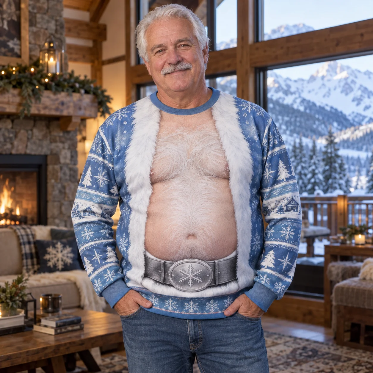 Ice Blue Santa Belly Ugly Christmas Sweater Men 3D Print Polyester Crewneck Sweatshirt Funny Winter Holiday Pullover