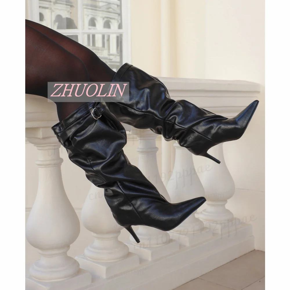 Brown Slouchy Knee High Boots for Women Pointed Toe Stiletto Heels Ruched Shaft D Ring Strap Glossy Finish Autumn Winter Shoes