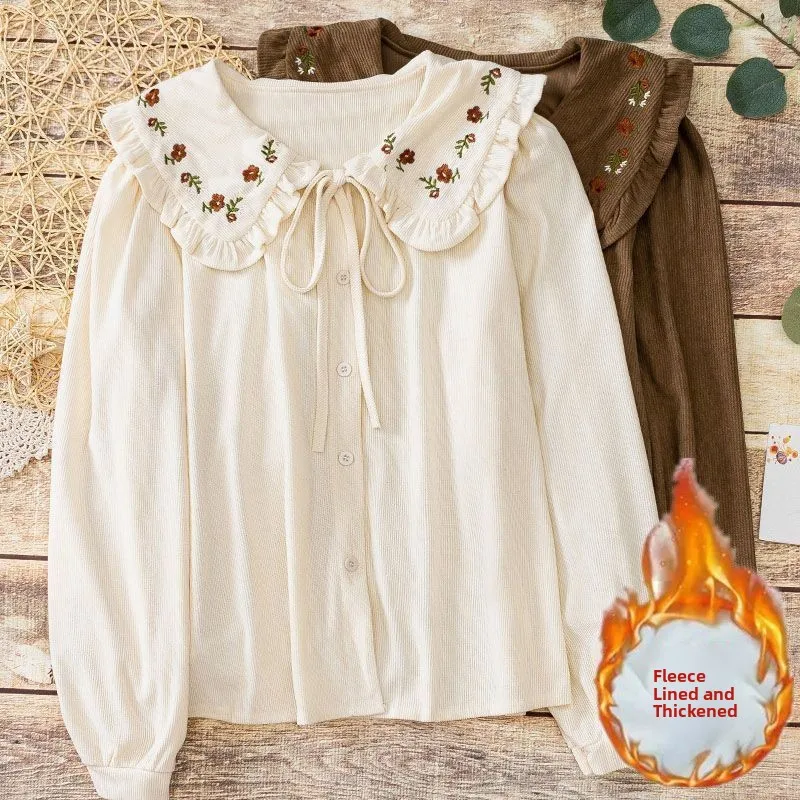 Embroidered Fleece Lined Long Sleeve Baby Doll Collar Shirt Women's Corduroy Ruffle Hem Belted Autumn Winter New Style Casual...