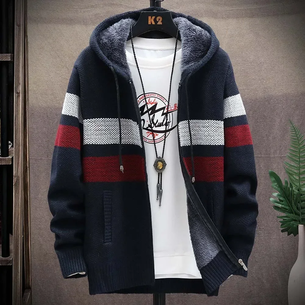 

2026 Mens Sweater Coat Thick Fleece Warm Zipper Hooded Cardigan Jumpers Striped Men Long Sleeve Knitted Sweaters Suit Jackets