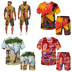YUHA,Short Sleeve Plus Size Men Retro Ethnic Print Tracksuit Couple Dashiki Clothes Summer African Men's T Shirt Shorts Two Piec