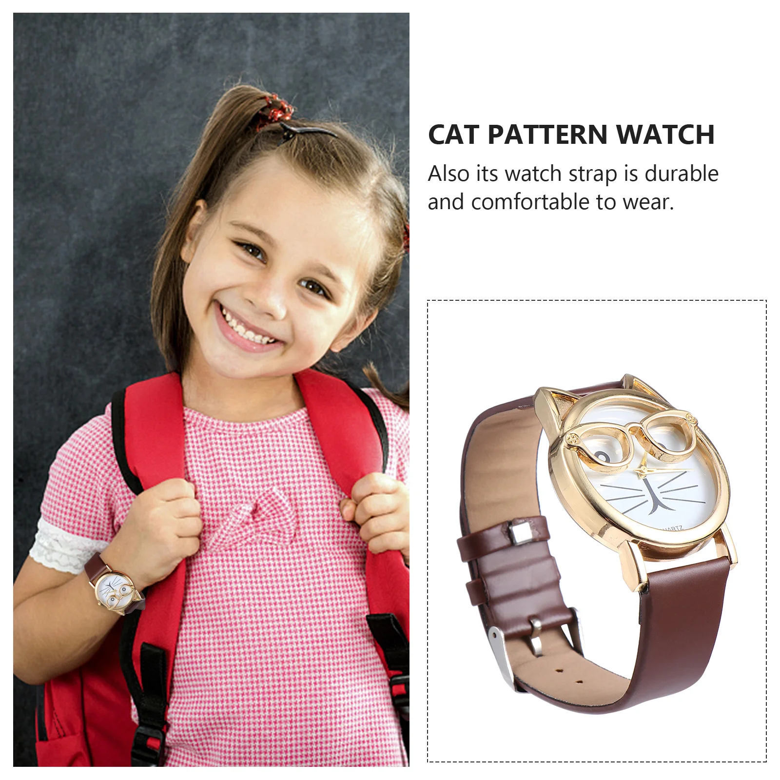 ساعة كوارتز بنمط قطة قطعة واحدة بحزام من البولي يوريثان، تصميم أنيق وخفيف الوزن مناسب للارتداء اليومي للمدرسة #1