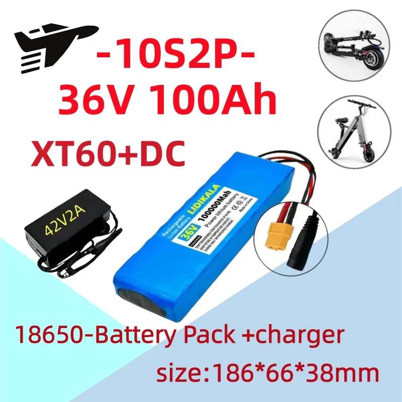 36V 10S2P 18650 Lithium-Akku mit 100Ah großer Kapazität, XT60+DC Dual-Interface, wiederaufladbarer Akku für Elektroroller und faltbare Elektrofahrzeuge
