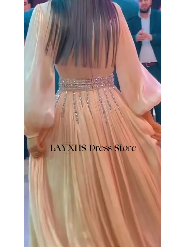 LAYXHS Wunderschönes Abendkleid mit V-Ausschnitt, A-Linie, Perlen, lange Ärmel, Falten-Abschlussballkleid, maßgeschneidert, Gresе нае