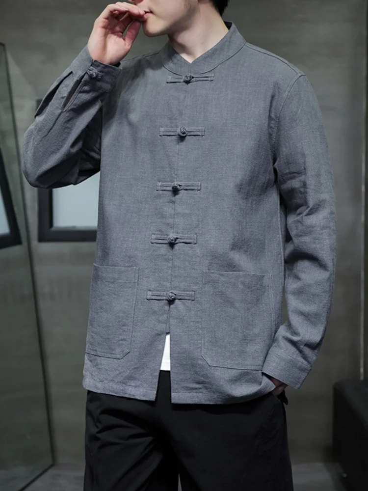 

Мужская льняная рубашка-жакет в китайском стиле, новинка, модная, летняя, в стиле тан, ханьфу, из хлопка и льна, на пуговицах, свободного кроя, дышащая