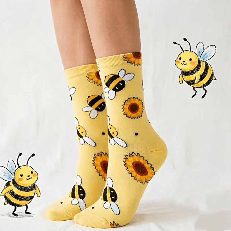 4/2 Pairs of Funny and Cute Cartoon Bee and Sunflower Pattern Mid-Calf Couple Socks, Comfortable and Breathable, Suitable for Casual Sports, Can Also Be Worn by Men, Fashionable and Versatile