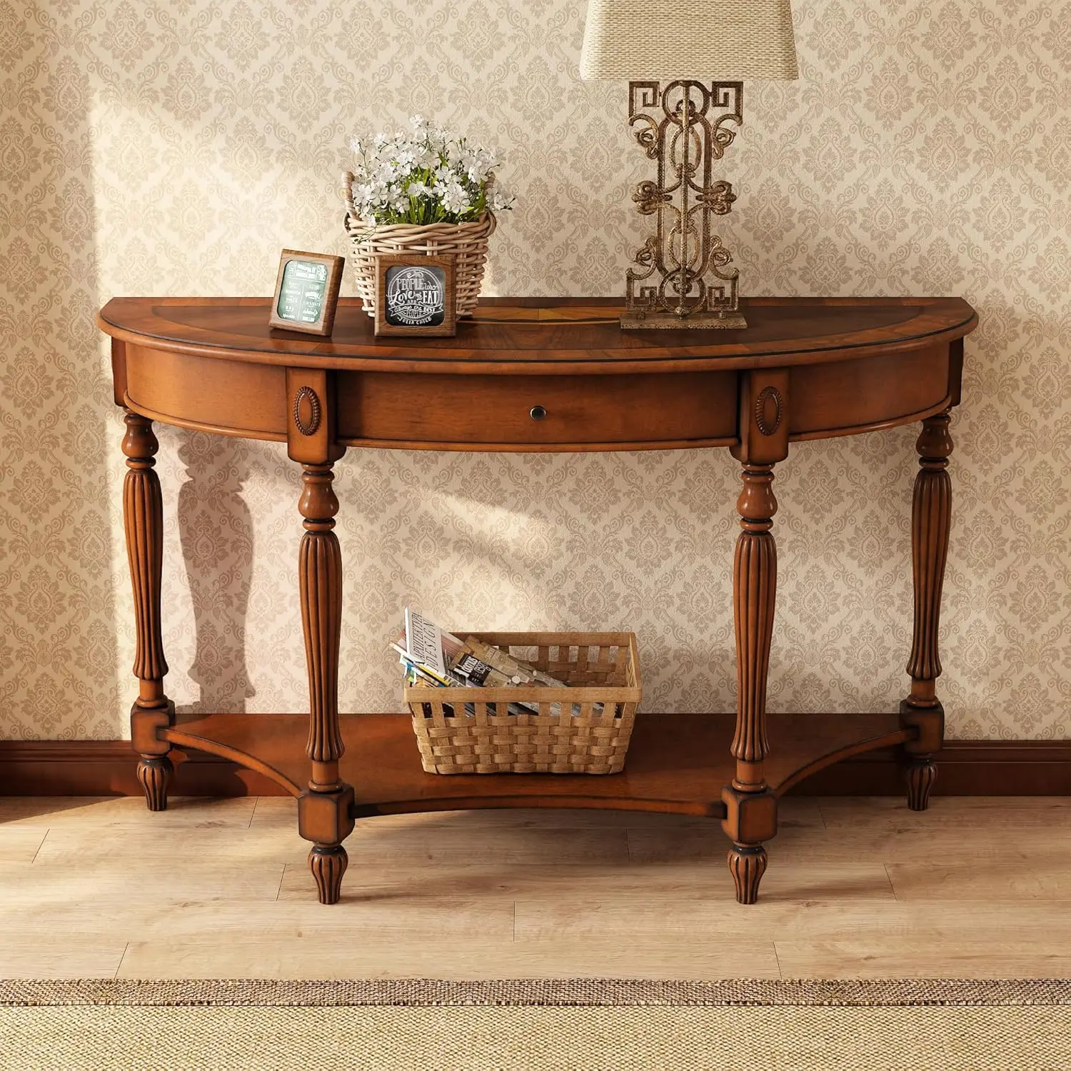 Solid Wood Semi-Circle Console Table, 45.3" Traditional Vintage Entryway Table Polished Edging Half-Moon Narrow Table